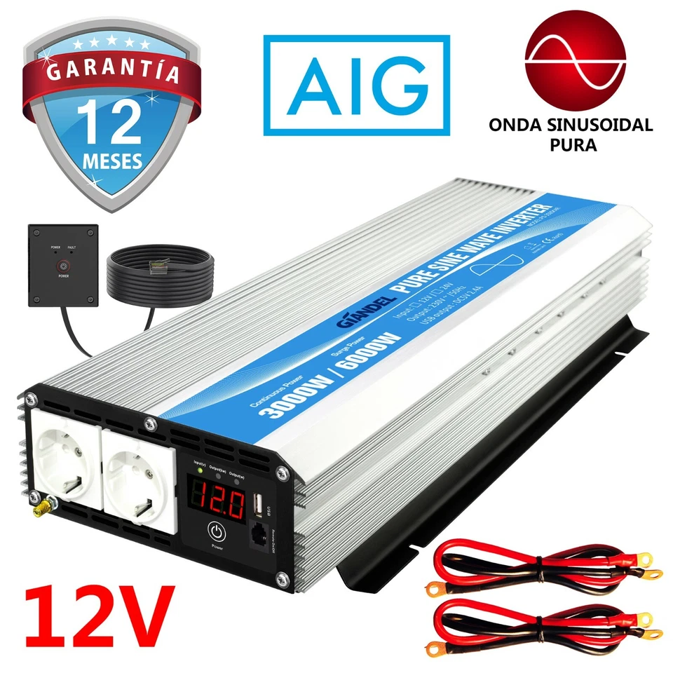 Inversor de energía de onda sinusoidal pura 3000W DC 12V a AC 220V 230V GIANDEL - Imagen 1 de 4