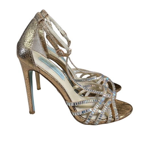 Betsey Johnson Women's High Heel Shoes Sz 6 Gold Rhinestone T-Strap Dressy