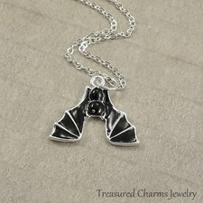 Silver and Black Hanging Bat Necklace - Bat Cave Halloween Spooky Charm Jewerly