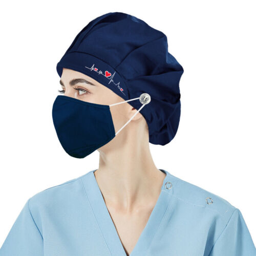 Unisex Adjustable Cotton Bouffant Scrub Cap Solid Embroidery Doctor Nurse Hat - Picture 6 of 35