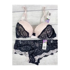 Hers by Herman Women's 2-Piece Set Bra Panty Lace Semi Thong Beige Black