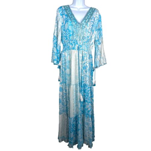 Anthropologie Me 2 Magic maxi Dress Size L Blue Tiered Tassel boho Sequins gold - Afbeelding 1 van 10