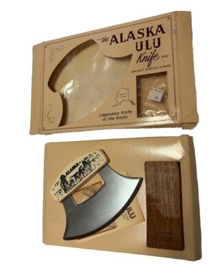 NEW Vintage 1993 ALASKA ULU KNIFE By The Ulu Factory w/Wood Stand Original Birch
