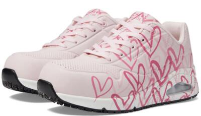 Skechers Pink JGOLDCROWN Composite Toe Dripping Hearts Work Shoe Wm's 7 NWT
