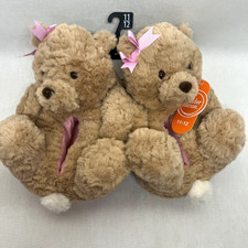 WONDER NATION Toddler Girls Plush Teddy Bear Brown Pink Bow Slippers