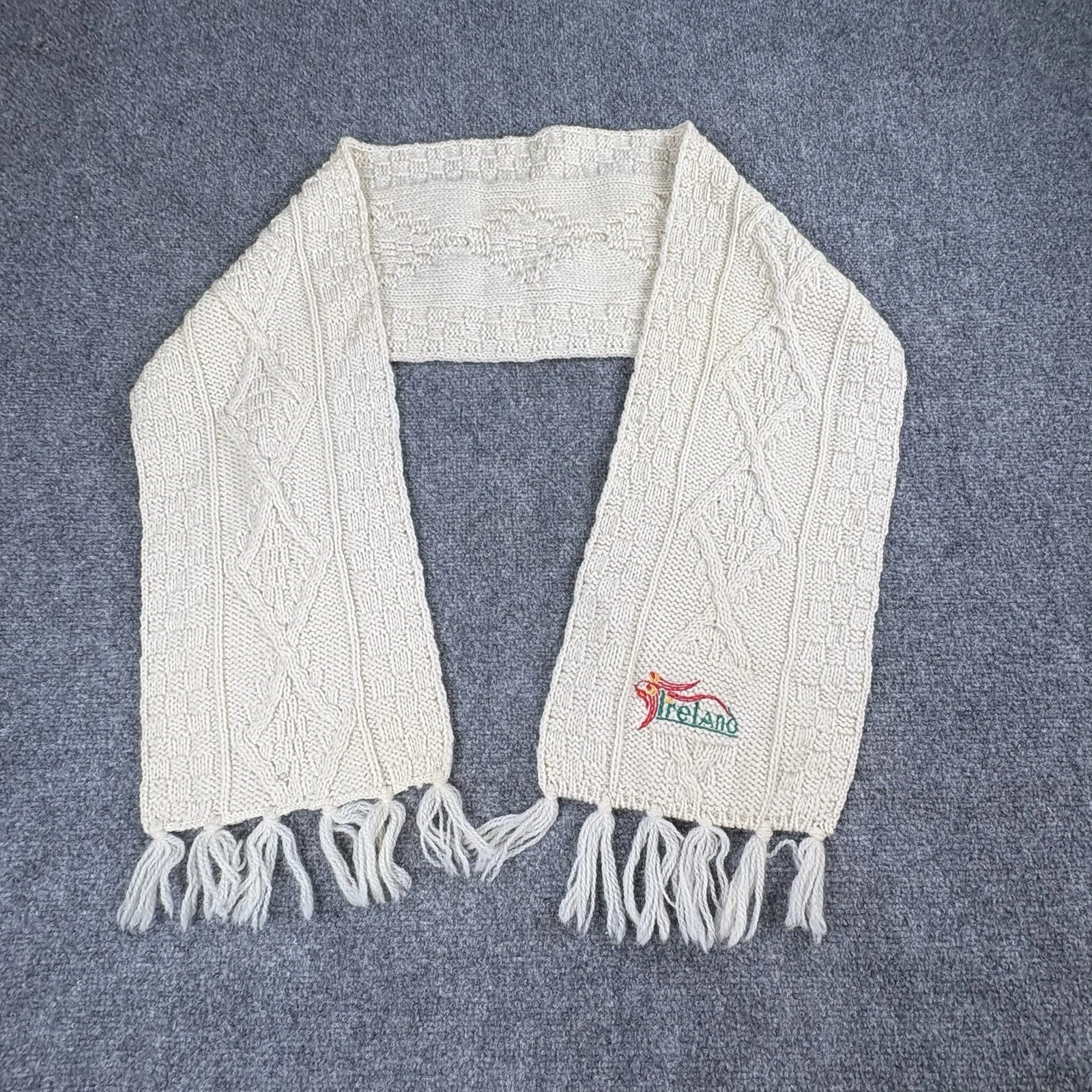 VTG 70s 80s Irish Homecraft Aran Knit Scarf Wool Cream Ireland Souvenir Fringe