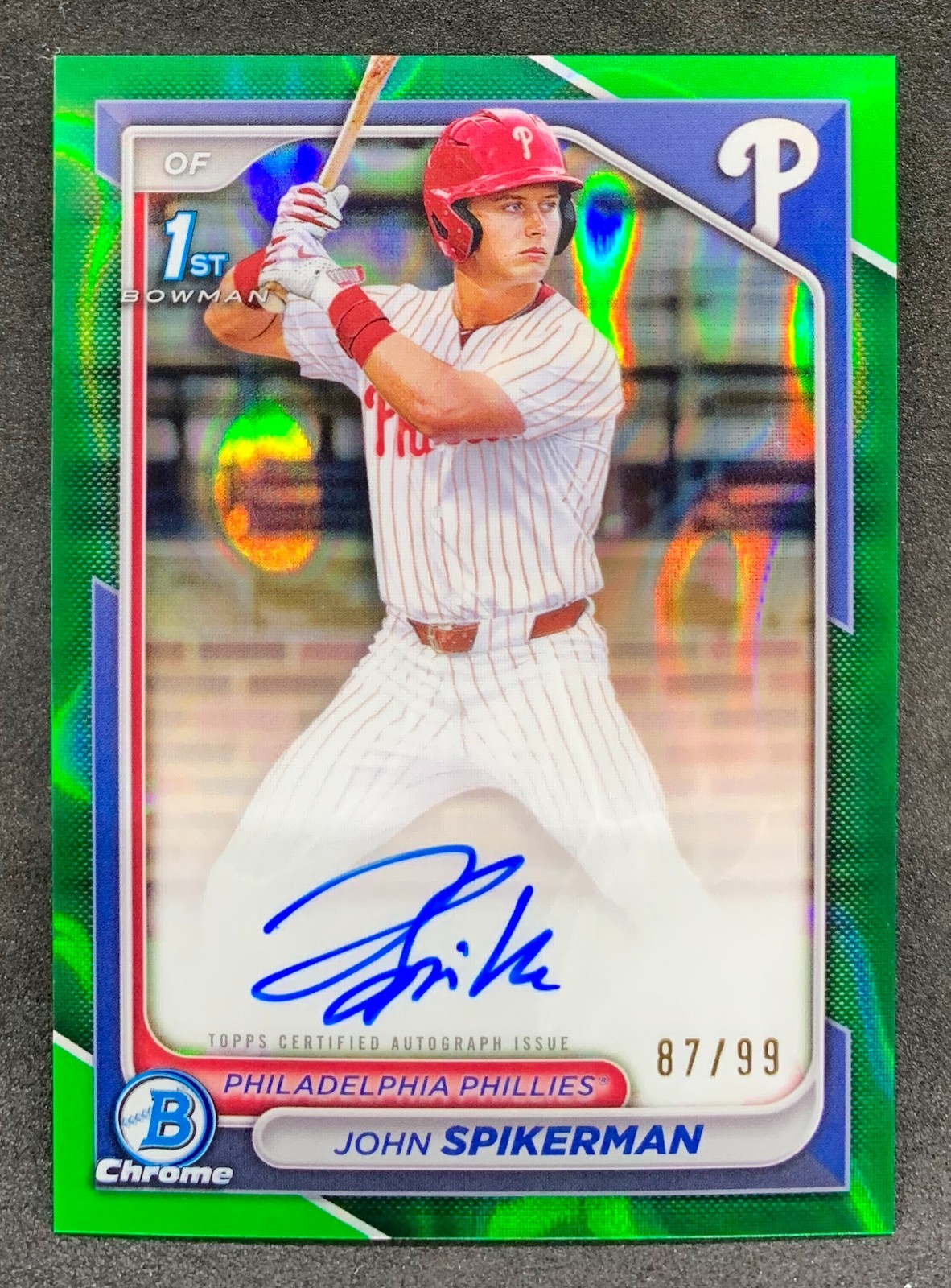2024 Bowman Chrome JOHN SPIKERMAN Phillies Green Lava Refractor 1st Auto SP /99