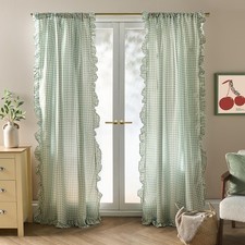 OHS Gingham Frill Voile Net Curtains 2 Window Panels Sheer Rod Slot Top Pair Set