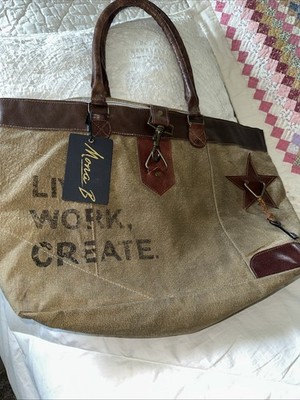 Mona B Live, Work, Create Canvas Tote Bag Lrg Recycled Statement Bag Rustic NWT!