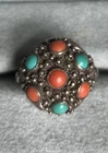 Vtg Women's Silver Coral Turquoise Ring 8 Adjusts Filigree Southwest Look