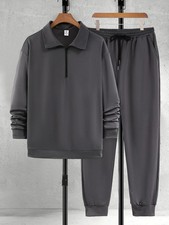 Men  s Quarter Zip Tracksuit Set Dark Grey Collared Sweatshirt Joggers Smart Casu