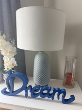 Modern Textured Blue Ceramic Table Lamp w/White Drum Shade Contemporary Decor