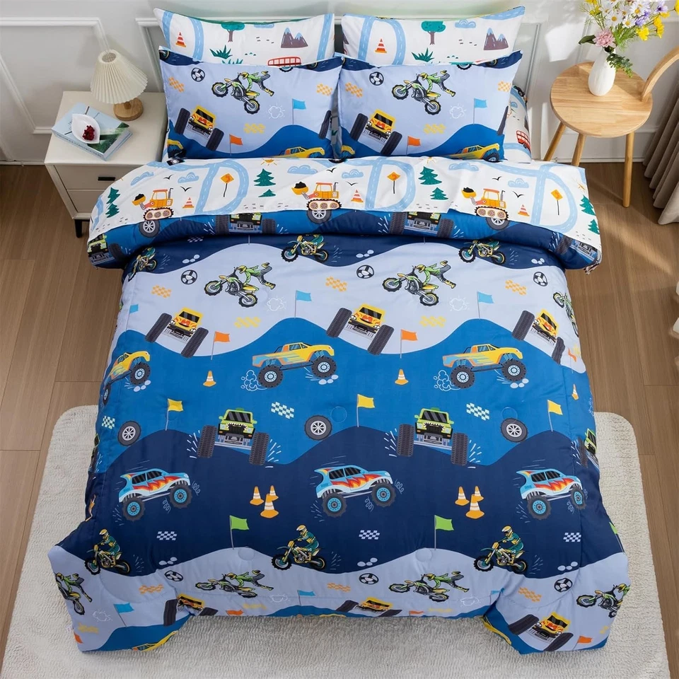 Juego de cama de coche de construcción de dibujos animados azul claro para niños - 5 piezas tamaño doble Foto 4 de 4