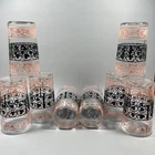 Vintage Anchor Hocking Pink & Black Scroll Ivy Leaf Tumblers Set of 8 ~ 4 3/4 in