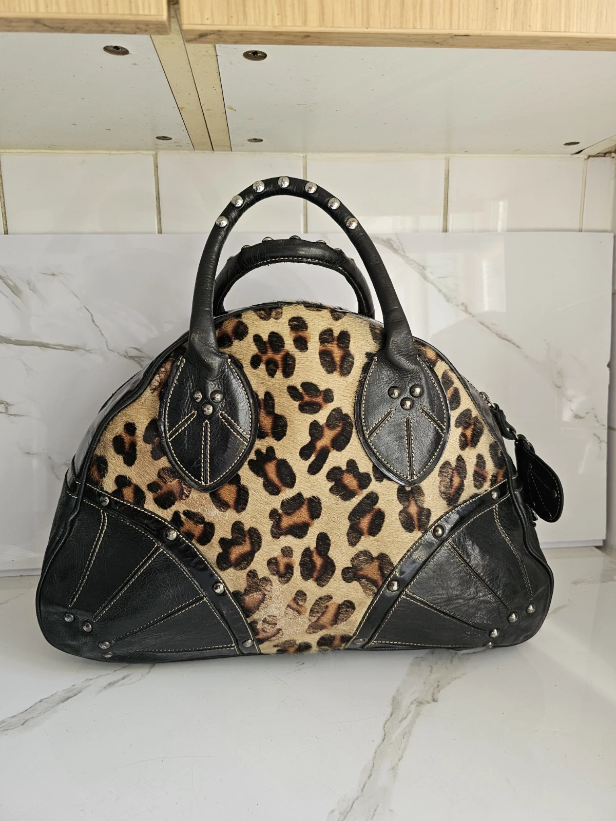 ARCADIA DESIGNER WOMENS BLACK BEIGE LEATHER TOTE SATCHEL LARGE SHOULDER HANDBAG