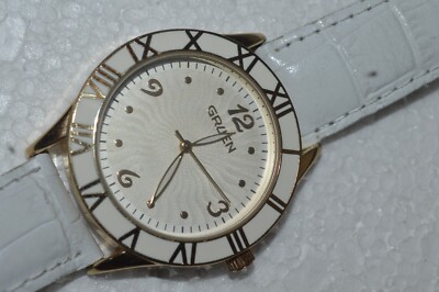 GRUEN Quartz Watch 40mm Roman Numerals Bezel White Dial Tested Works Vintage