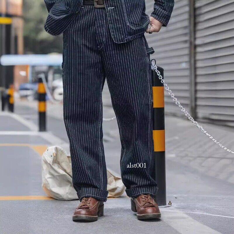 Workwear Denim American Retro Blue Jeans Men's Straight Striped Railway  Trousers