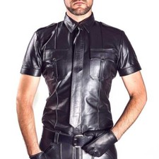 Men's Real Leather Police Shirt Gay Biker Schwarz Cuir Lederhemd Black Punk Kink