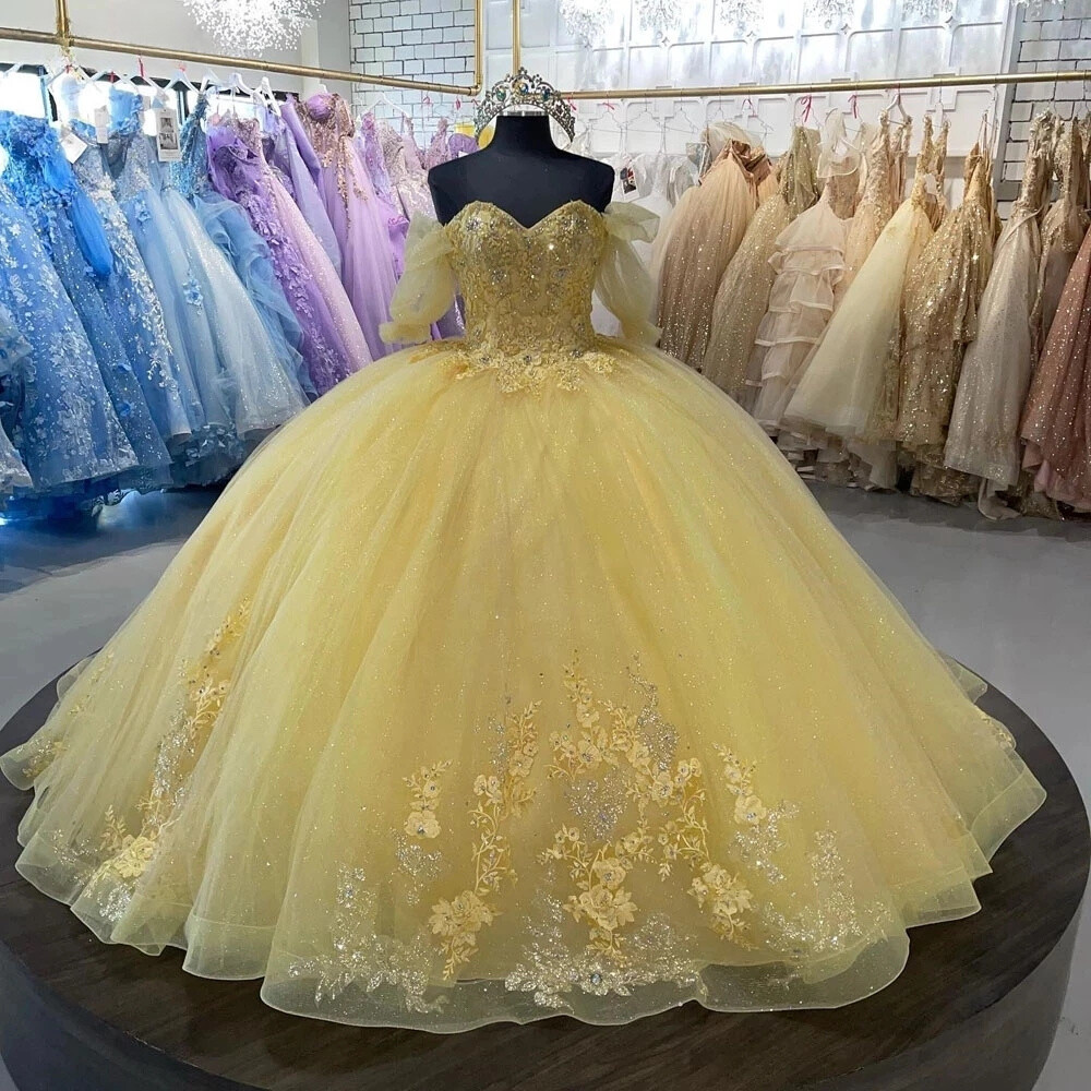 Yellow Quinceanera Dresses Ball Gown Lace Applique Sweet 15 16 Prom Dress