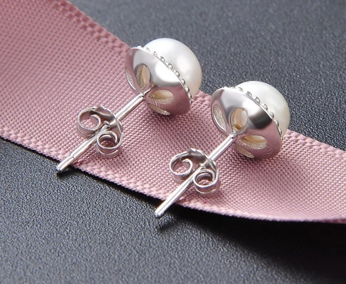 Aretes redondos de plata de ley 925 maciza de 8 mm concha para fregar perlas regalo PE26 Foto 3 de 4