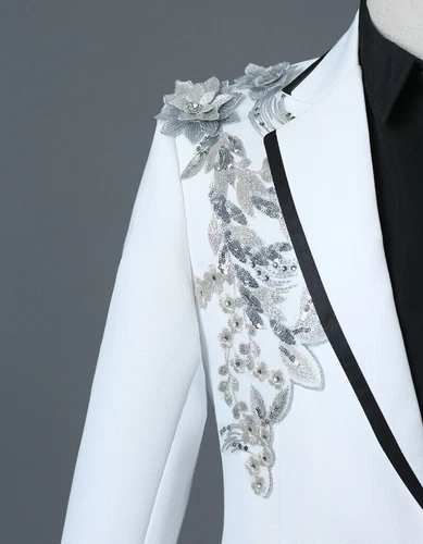 Herren 3D Kristall Strass Blazer Jacke Hochzeit Stickerei Kleid Anzug Mäntel - Bild 10 von 44