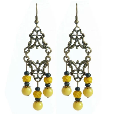 Boucles D'oreilles pendante ethnique chandelier long bois jaune abeille et noir - Photo 1/3