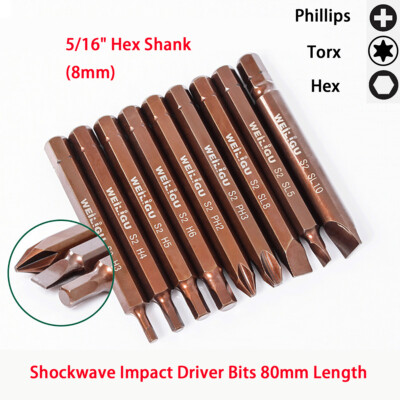 Phillips/Hex/Torx T20-T55 Shockwave Impact Driver Bits 80mm