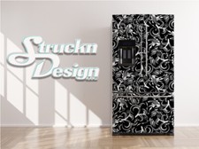 Black White Waves Swirl Pattern Floral Fridge Freezer Wrap Side Door Vinyl Decal