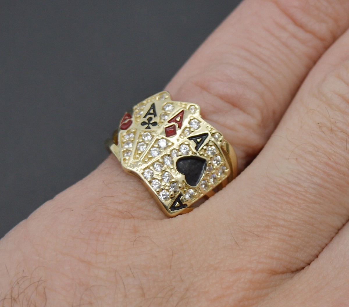 Men's 10k Yellow Gold Lucky Nugget Band Ring | Royal Flush Of Hearts Poker Design | Size 4.75