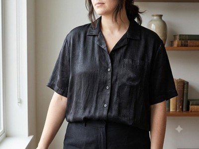  N Touch Women's Black Satin Blouse Button Up Short Sleeve Shirt Plus Size 18