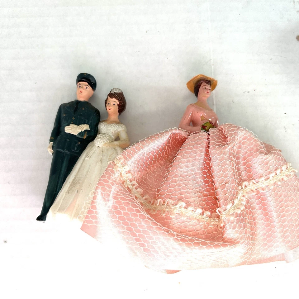 Vintage 1950s Wedding cake Toppers Lot Plastic W/Fancy Material Skirts (k) - Image 2 of 4