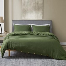 Linen Duvet Cover Washed Lightweight Bedding Set with Buttons King Olive Green