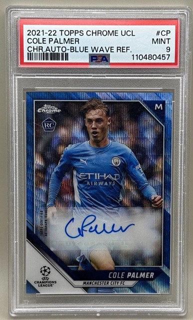 2021-22 Topps Chrome UCL Cole Palmer RC Auto Blue Wave Refractor /75 PSA 9