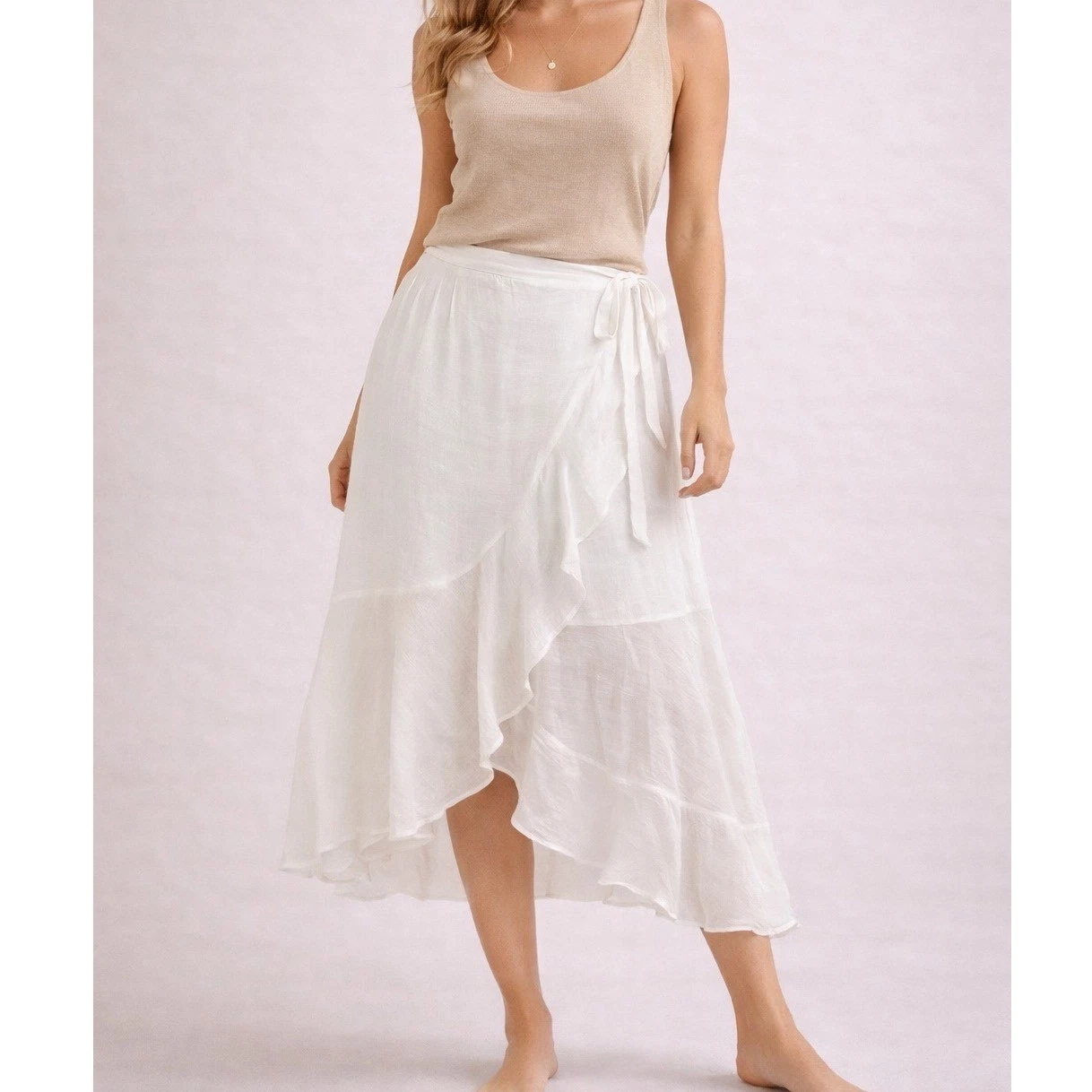 B-Wear White Ruffle Faux Wrap Midi Skirt High Low Smocked Waist Summer Boho L c1
Opens in a new wind
