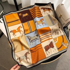 100 Silk 26" Square Scarf Women Neckerchief Wrap Brown And Orange Horse Pattern