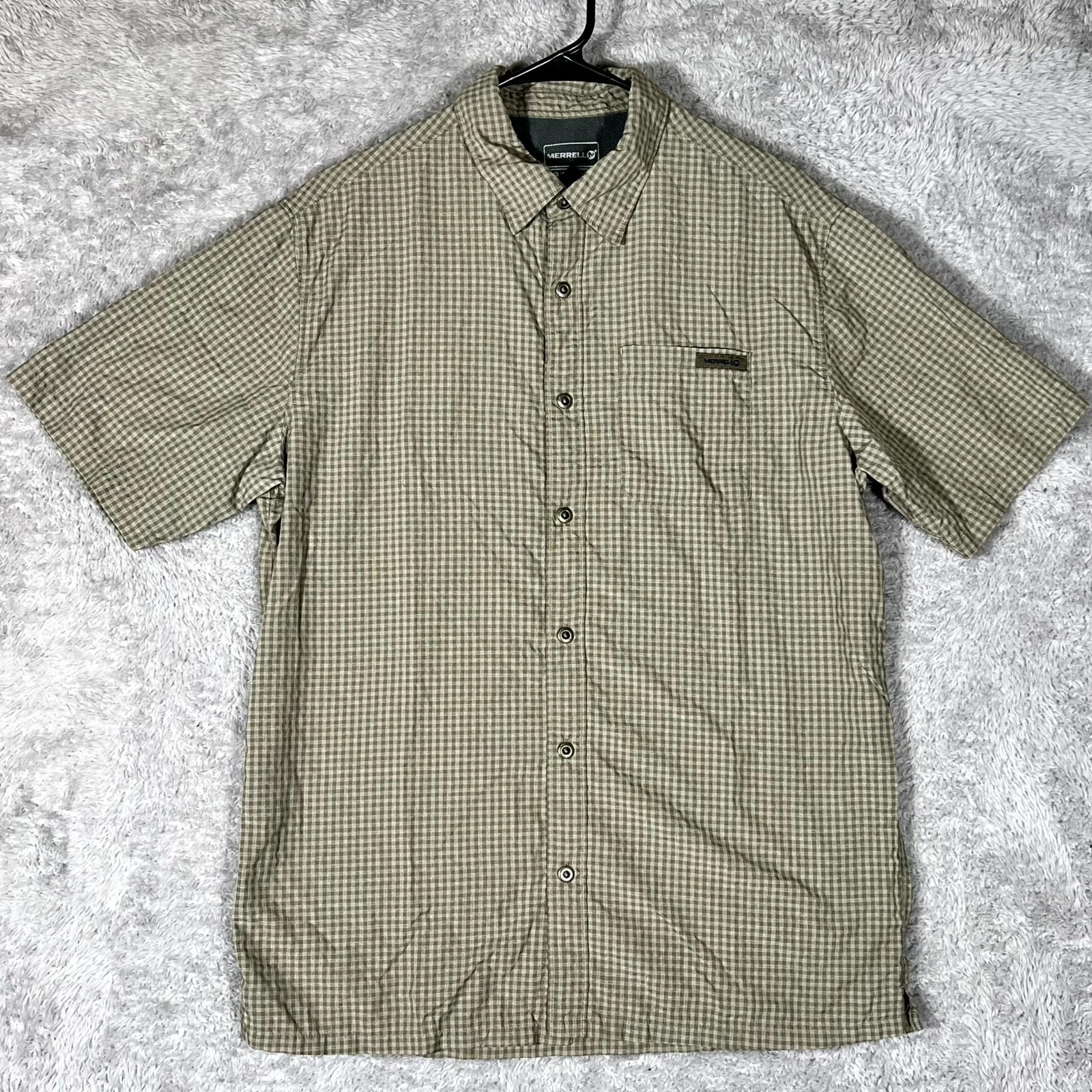 Merrell Opti-Wick Shirt Mens Medium Gray Plaid Chest Pocket Button Up Hiking