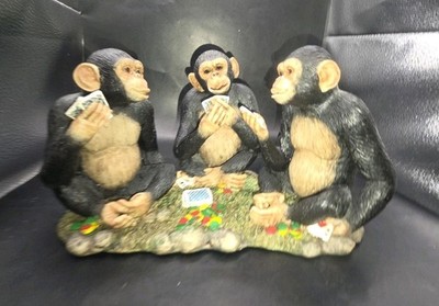 Three Monkey Monkeys Cheating While Playing Cards Poker Blackjack Figurine Chimp