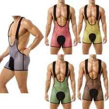 Men's Fishnet Singlets Bodysuit Showing Chest Boxer Shorts Bulge Pouch Leotard