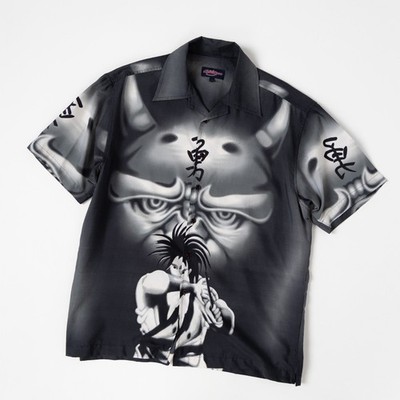 Autargo Japan Print Button Up Shirt Samurai Oni Mask Graphic Hawaiian Size M
