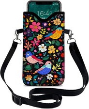 Neoprene Cell Phone Sleeve Pouch Case Bag with Crossbody Strap Flower Bird