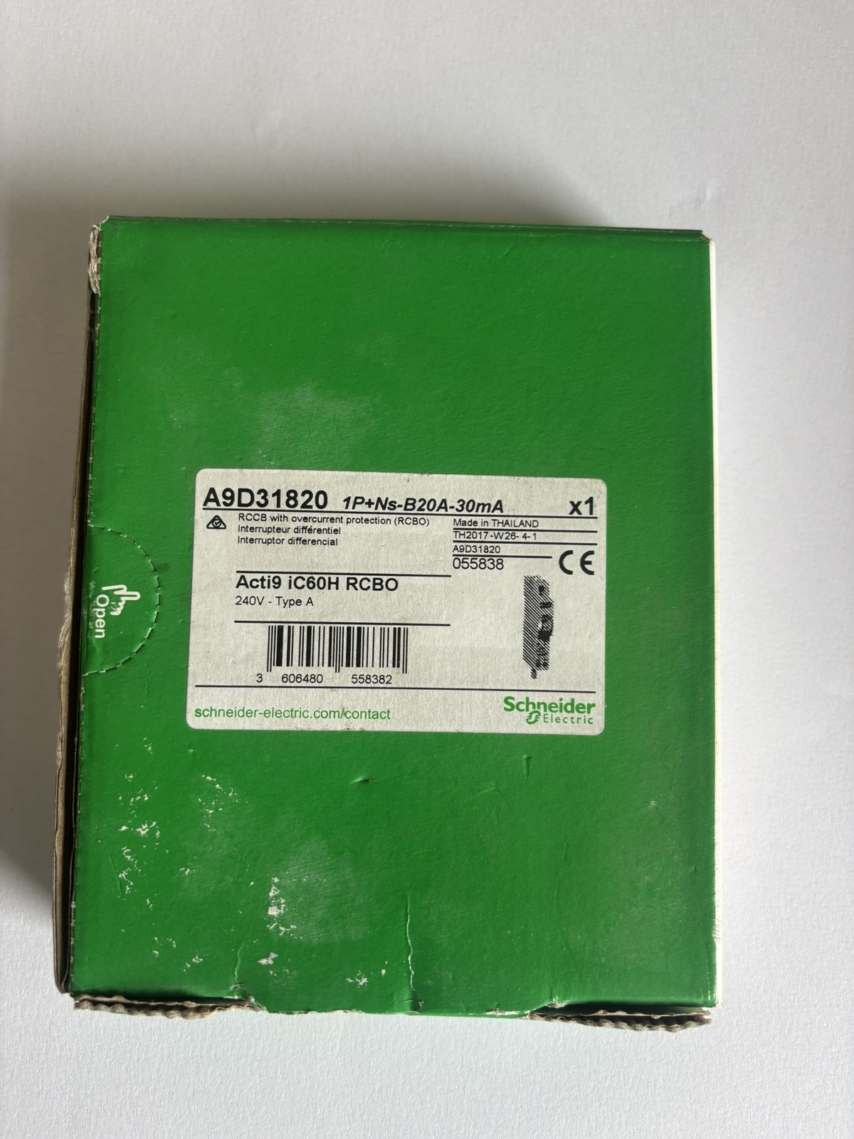 NEW SCHNEIDER IC60H A9D31820 B20 20 AMP 30mA 10KA SINGLE POLE RCBO