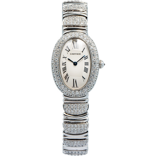 Cartier Baignoire W1516856 18k Gold Aftermarket Diamond Cream Dial Lady 23x30mm