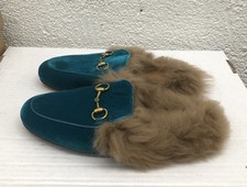 Gucci Princetown Fur Mules Horsebit Blue Velvet Flats EU 35 US 5 J160