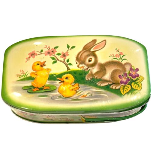 Vintage Tin Litho Easter Candy Container Basket Pail Bunny Rabbit Ducks 1952