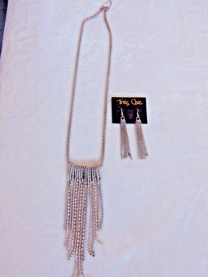 TRES CHIC Chain Dangle Earrings + Silver Tone Costume Jewelry Necklace NEW