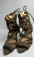 Sole Society Heels Olive Linen w Piping Strappy Ankle Ties Sz8