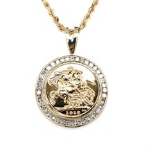 Great Britain Gold Sovereign, King George V Coin Necklace with Diamond Bezel 