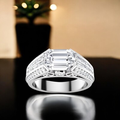 Herren Smaragdschliff 4 kt IGI im Labor gezüchteter Diamant Ring Band 18 K We...