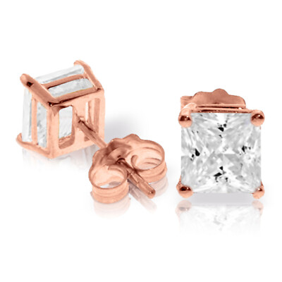 Carat 14K Solid Rose Gold Square Cubic Zirconia Stud Earrings