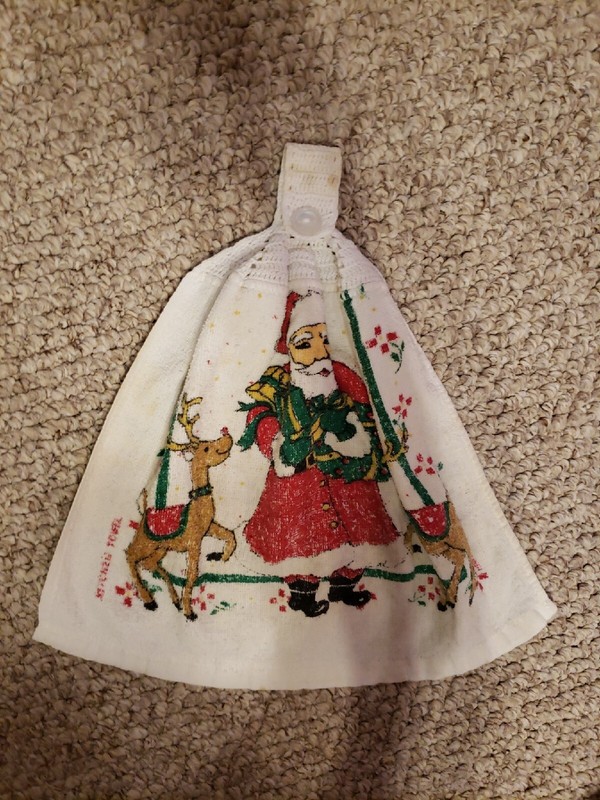 Vintage Christmas Santa Rudolph Kitchen Towel Button Hook Handle